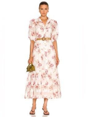 ZIMMERMANN Rosa Striped Midi Dress | Floral Puff-Sleeve Tiered Dress